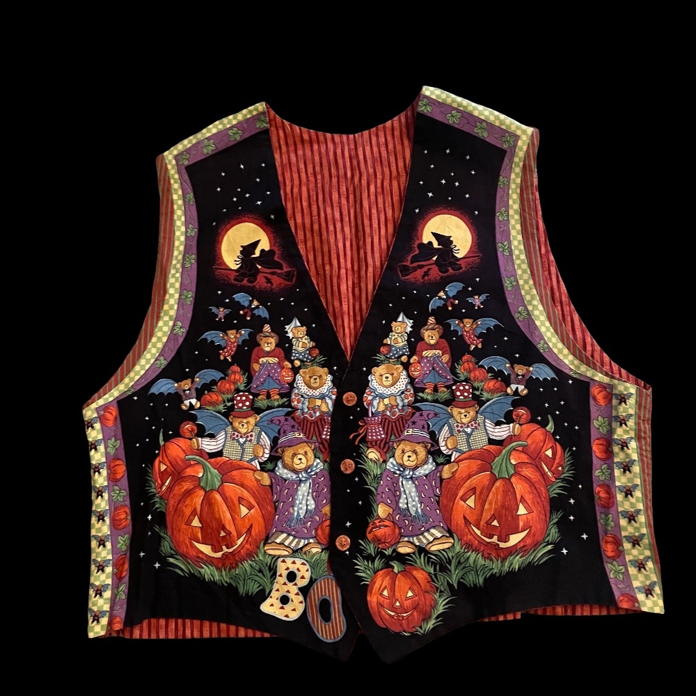Vintage Halloween Teddy Bear Print Patchwork Vest XL EUC